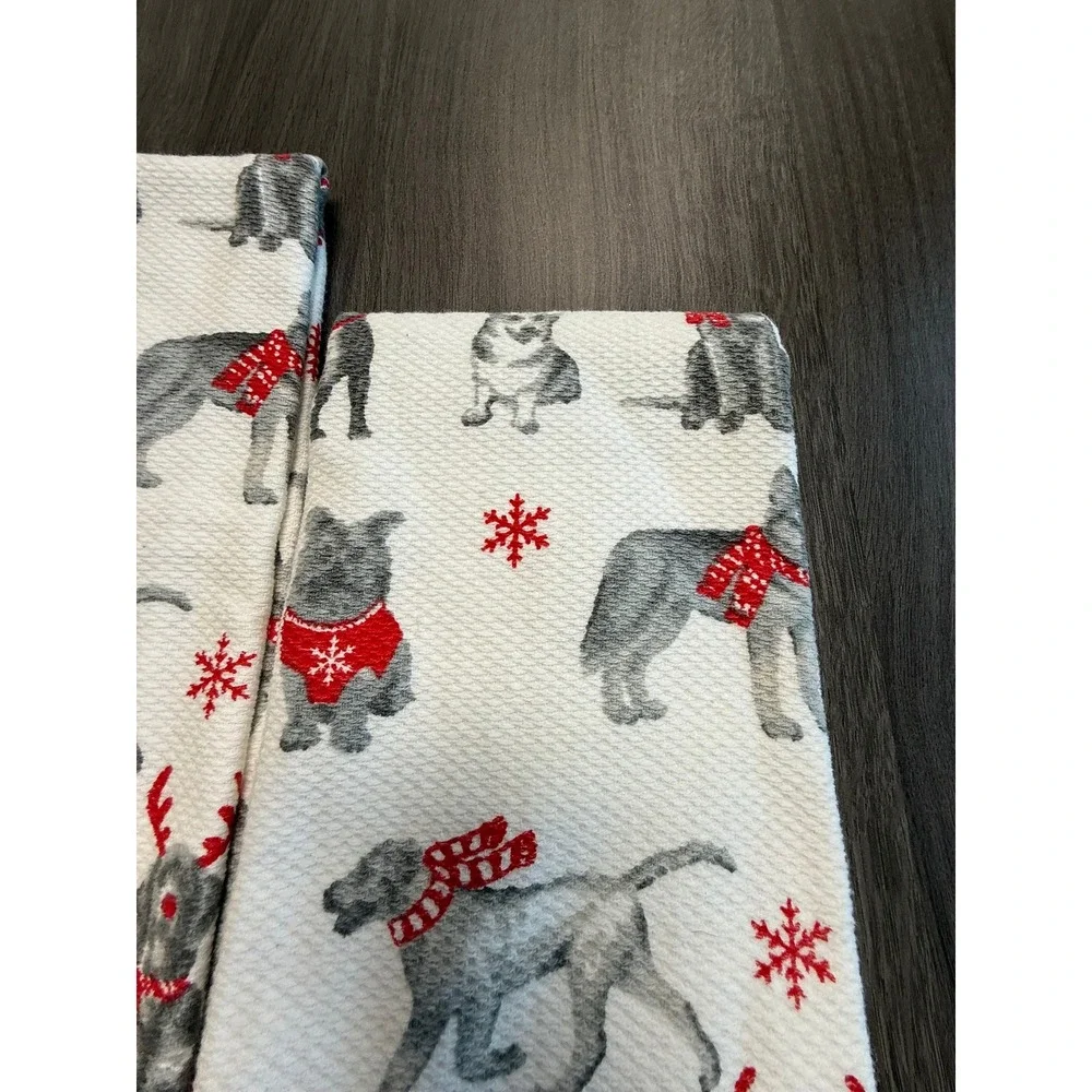 Casaba Home Christmas Dog Kitchen Hand Towels Set of 2 Red Pom Pom Trim Waffle